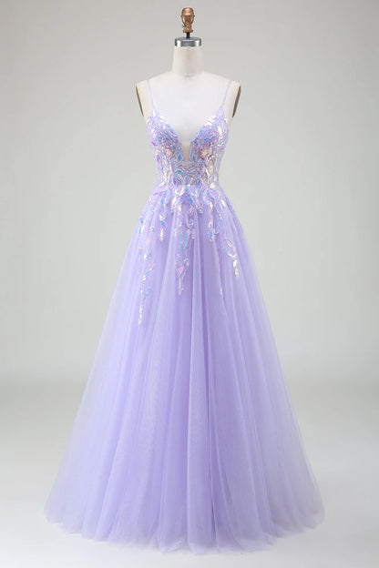 Wholesale Sparkly A-Line Purple Spaghetti Straps Long Prom Dress with Sequins