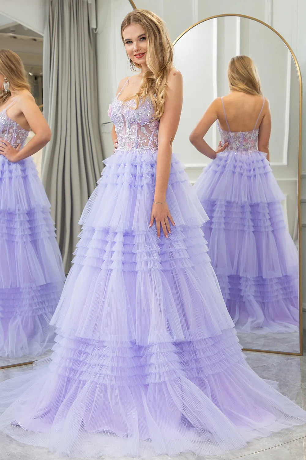 Wholesale Prom Dress A Line Train Tiered Tulle Corset With Sequin