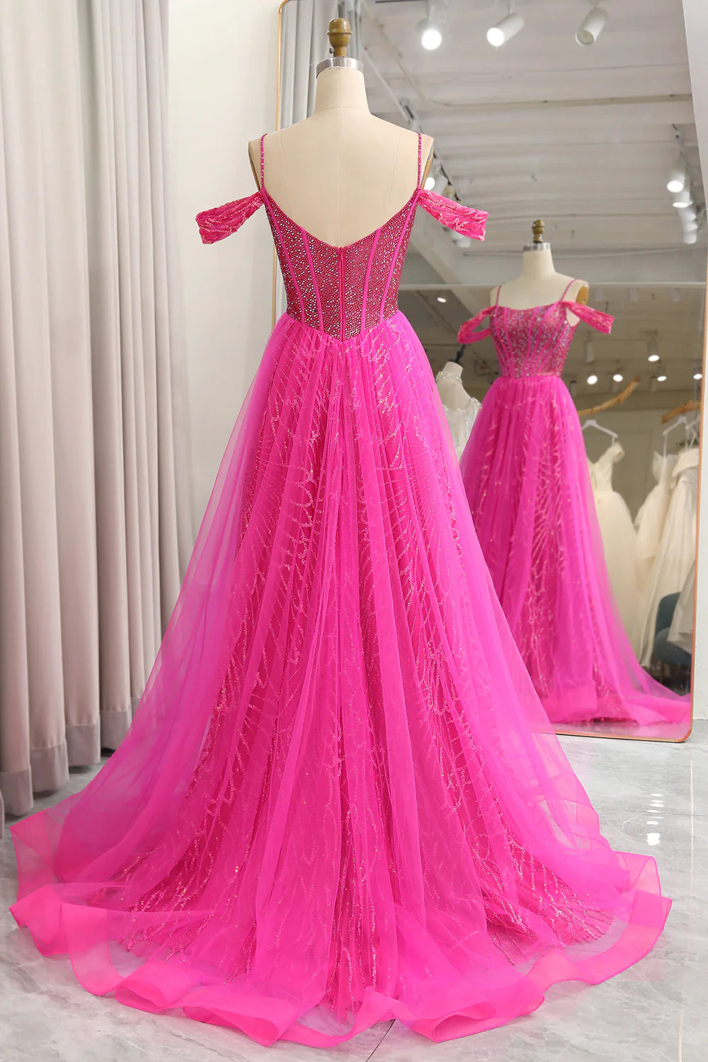 Wholesale Sparkly Fuchsia A-Line Cold Shoudler Corset Long Prom Dress with Beading