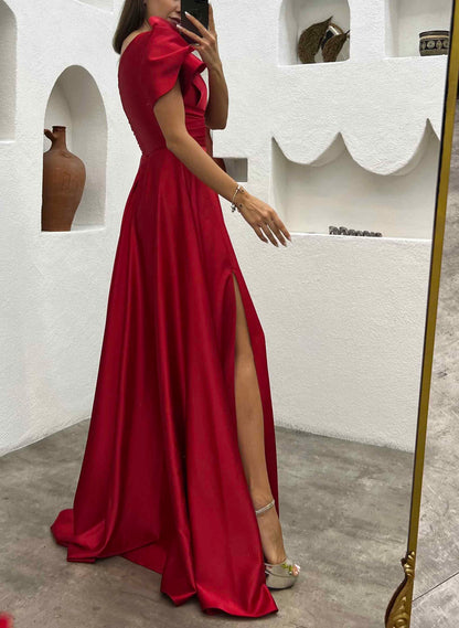 One Shoulder A Line Satin Bridesmaid Dress With Ruffle Short Sleeves Sweep Train Elegant Evening Dress