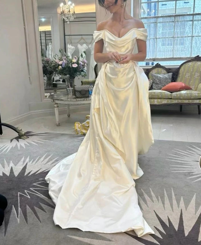 Aimishang Elegant A Line Satin Long Wedding Dress Off The Shoulder Evening Wear