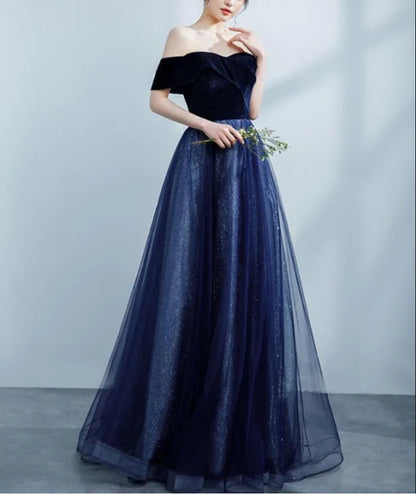 Navy Blue Off Shoulder Velvet Sweetheart Party Dress Shiny Tulle Long Prom Dress Party Dress Sparkly Evening Dress Wholesale