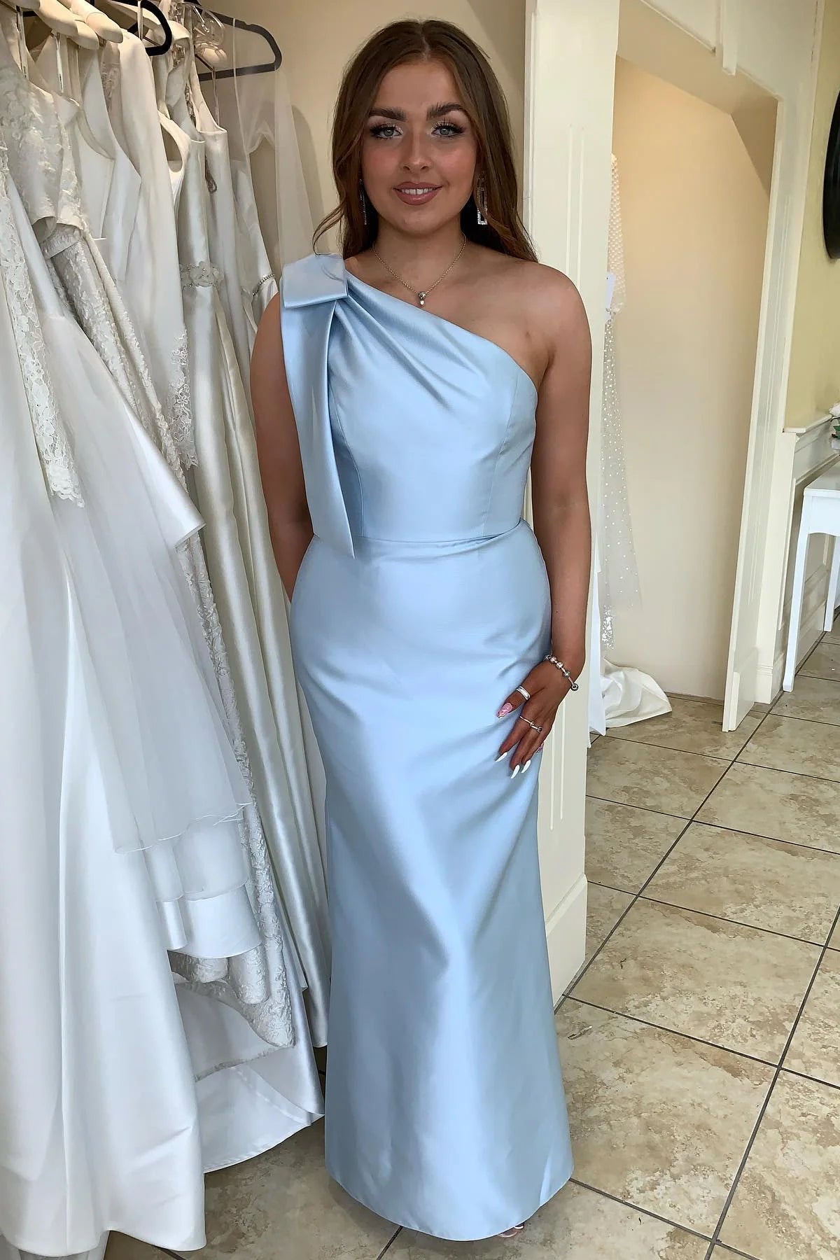 Aimishang Bow One Shoulder Light Blue Satin Long Bridesmaid Dress Elegant Evening Party Dress