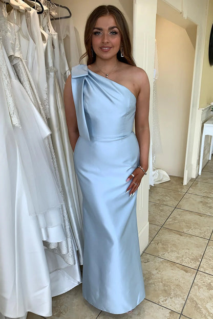 Aimishang Bow One Shoulder Light Blue Satin Long Bridesmaid Dress Elegant Evening Party Dress