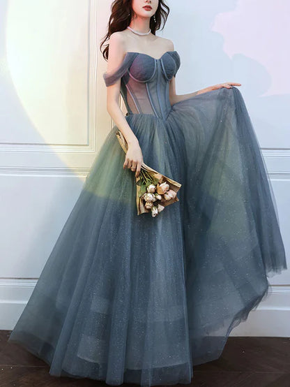 Beautiful Grey Tulle Off Shoulder Long Prom Party Dress Evening Dress A Line Prom Dress Formal Dress Wholesale