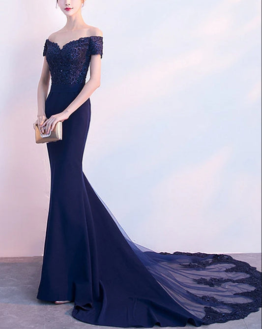 Beautiful Navy Blue Mermaid Lace Long Party Dress Off Shoulder Evening Dress with Appliques