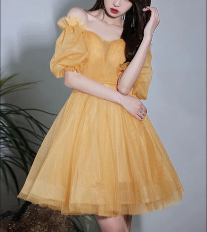 Aimishang Yellow Short Sleeves Tulle Prom Dress Homecoming Dress Off Shoulder Formal Dress Wholesale