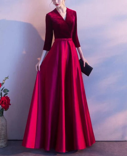 Dark Red Satin and Velvet Simple Long Wedding Party Dress Evening Dresses Prom Dresses Elegant Wholesale