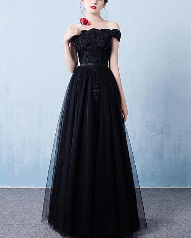 Black Off the Shoulder Tulle A-line Prom Dress New Formal Gown Elegant Evening Dress Wholesale