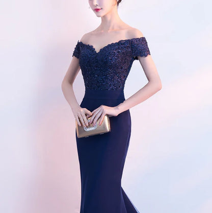 Beautiful Navy Blue Mermaid Lace Long Party Dress Off Shoulder Evening Dress with Appliques