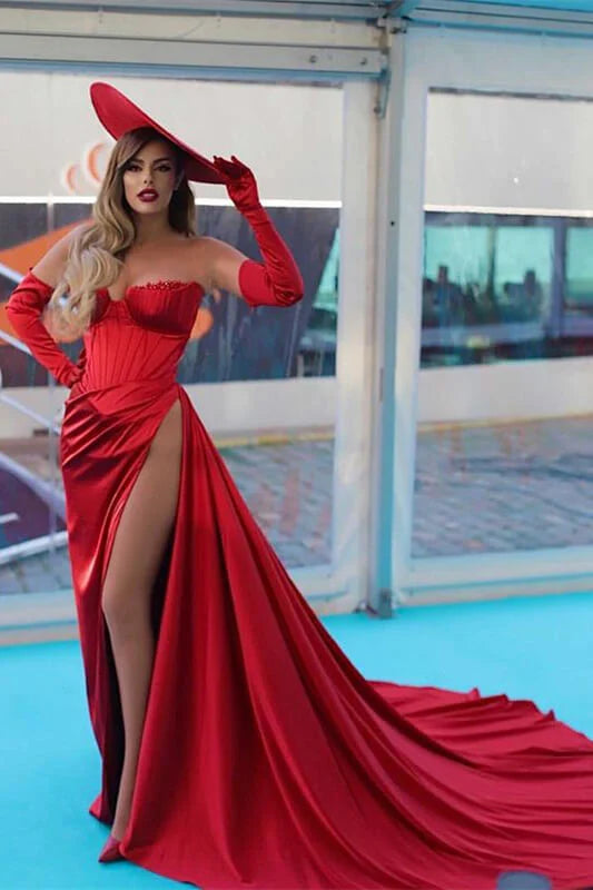 Charming Red Evening Dress Off The Shoulder Strapless Long Sleeve With Slit Sexy Party Dress No With Gloves And Hat