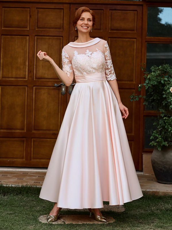 Aimishang Elegant A-line Appliques Lace Ankle-Length Satin Mother of the Bride Dress 1/2 Sleeves Charming Evening Dress