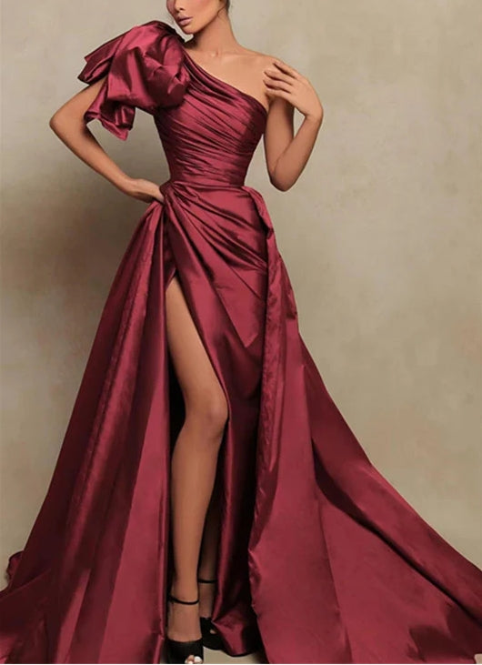 Burgundy Mermaid Long Evening Dress With Strapless And Split One Shoulder Floor Length