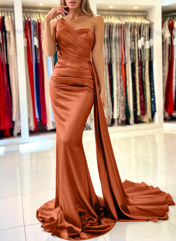 One Shoulder Sleeveless Silk Like Satin Sheath/Column Bridesmaid Dresses Elegant Evening Dress Wholesale