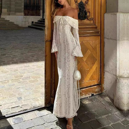 Aimishang Elegant Mermaid Off Shoulder Lace Maxi Dress with Sleeves Long Prom Dress Charming Evening Party Dress Wedding Dress