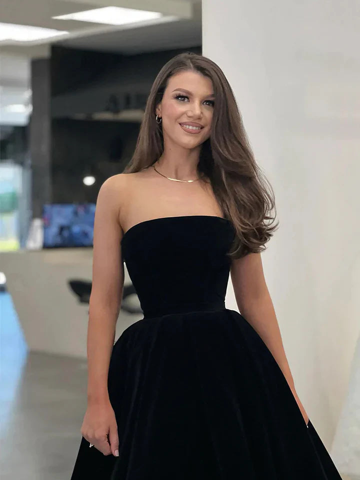 Aimishang Strapless Velvet Short Prom Dress A-Line Formal Party Dress Off Shoulder Elegant Evening Dress Cocktail Dress