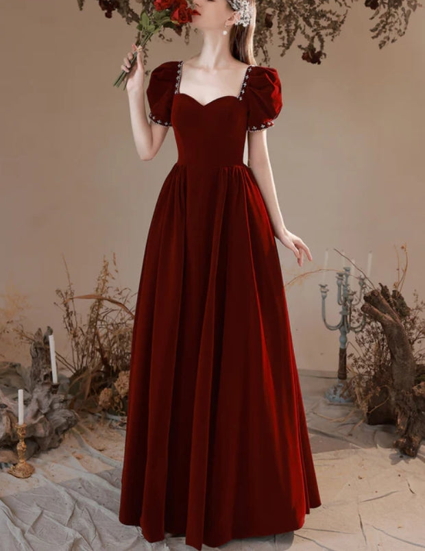 Wine Red Short Sleeves Velvet Sweetheart Party Dress Velvet Long Formal Dress Elegant Evening Dress