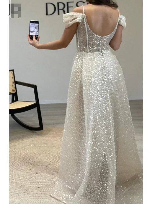 Aimishang Sheath / Column Prom Dresses Elegant Dress Formal Prom Floor Length Short Sleeve Off Shoulder Sequined with Glitter Ruched