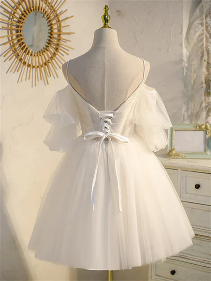 Spaghetti Strap V-neck Lace Homecoming Dress Tulle Short Prom Dress Wholesale