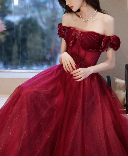 Wine Red Off Shoulder Beaded Sweetheart Long Party Dress A-line Prom Dress Elegant Evening Dress