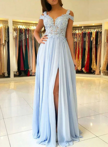 Beautiful Chiffon Light Blue with Lace Long Formal Dress Chiffon Prom Dresses Elegant Evening Dress With Slit Wholesale