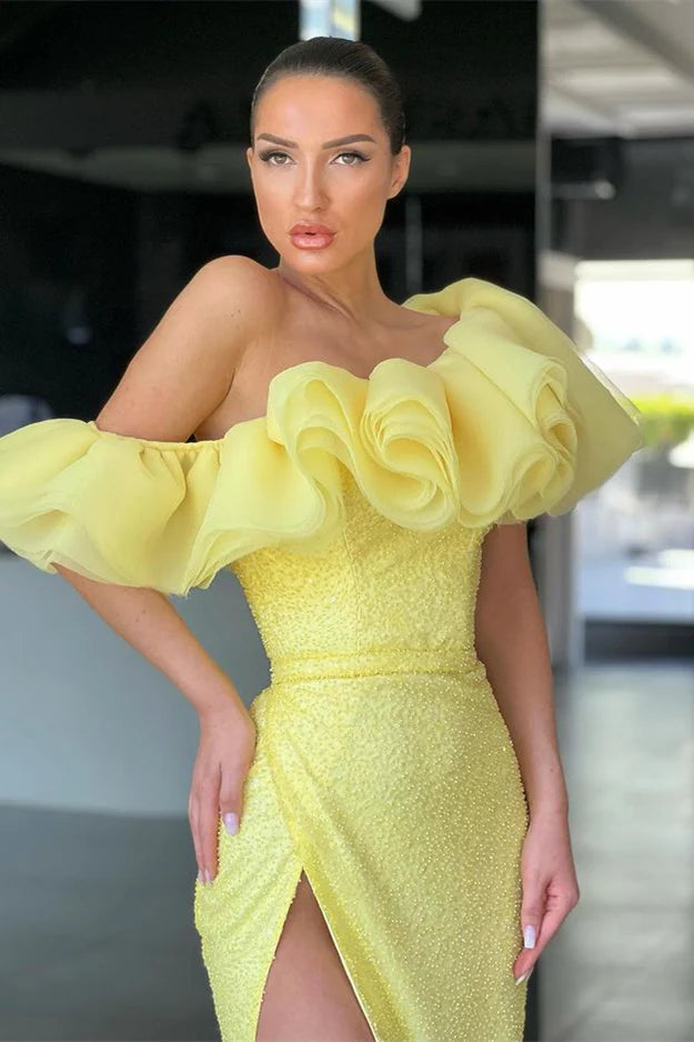 Daffodil Off The Shoulder Mermaid Evening Dress With Sequins And Split Sexy Party Dress