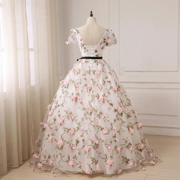 Beautiful Flowers Ball Gown Long Party Dress Short Sleeves Prom Dress A Line Formal Dress Wholesale