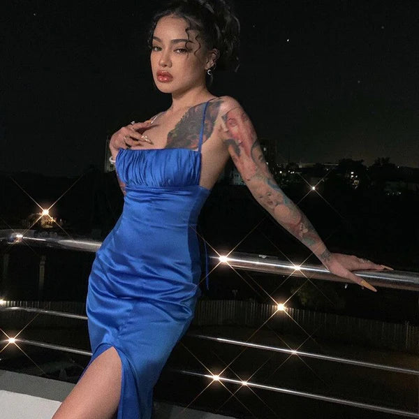 Wholesale Blue Spaghetti Straps Sexy Mermaid Long Prom Dress Charming Party Dress With Slit