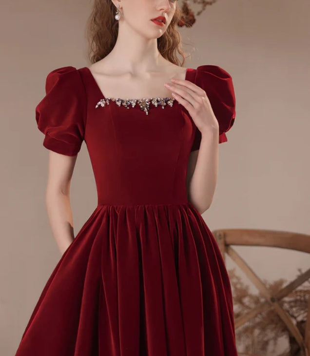 Wine Red Short Sleeves A-line Velvet Party Dress Bridesmaid Dress Elegant Evening Dress Wholesale