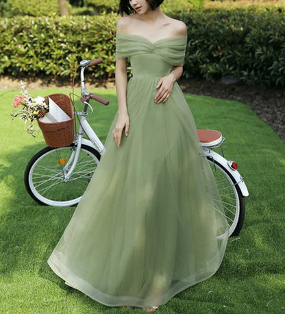 Green Off Shoulder Tulle Long Party Dress Bridesmaid Dresses A Line Evening Dress Wholesale