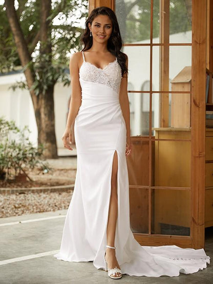 Aimishang Elegant Sheath/Column V-neck Sleeveless Sweep/Brush Train Wedding Dresses Charming Long Evening Dress With Slit