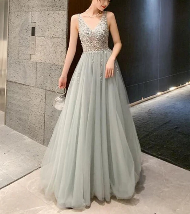 Shiny Beaded V Back Tulle Long Prom Dress Charming Tulle Party Dress A Line Sleeveless Wholesale