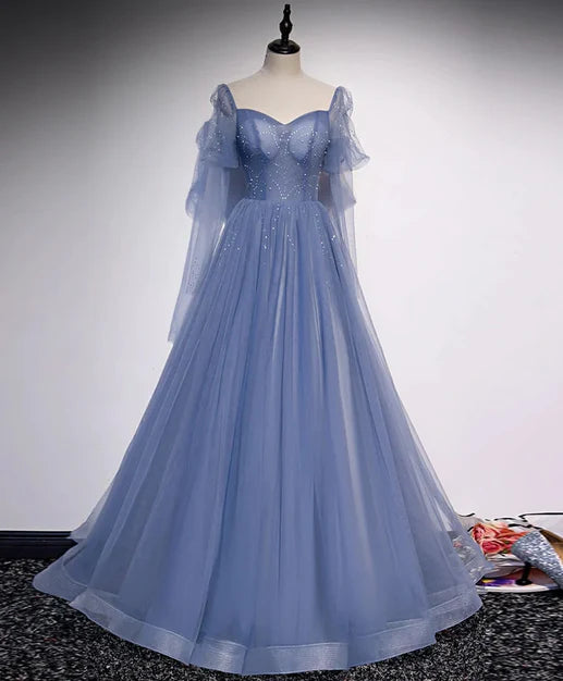 Beautiful Blue Tulle Beaded Long Formal Dress A-line Wedding Party Dress Prom Dress With Sleeves Wholesale