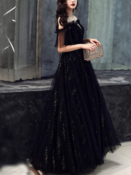 Black Off Shoulder Tulle Party Dress A-line Formal Dress Prom Dress Elegant Evening Dress