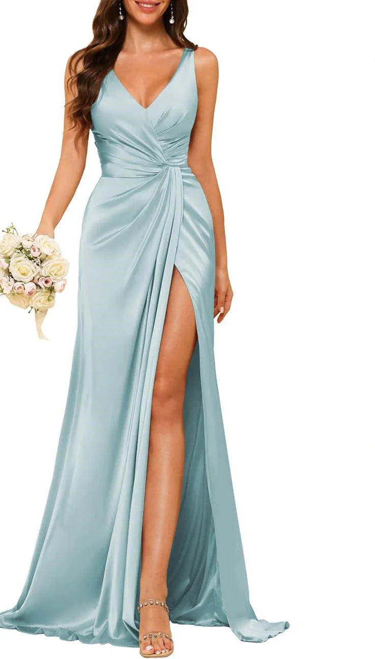 Wholesale Sheath/Column V Neck Bridesmaid Dress With Slit Elegant Evening Party Dress