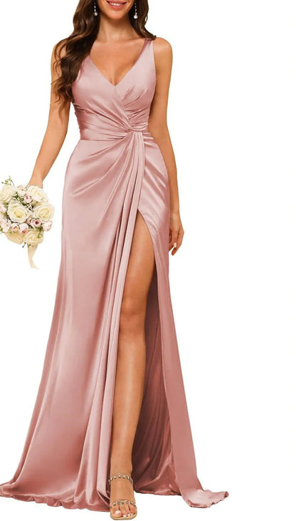 Wholesale Sheath/Column V Neck Bridesmaid Dress With Slit Elegant Evening Party Dress