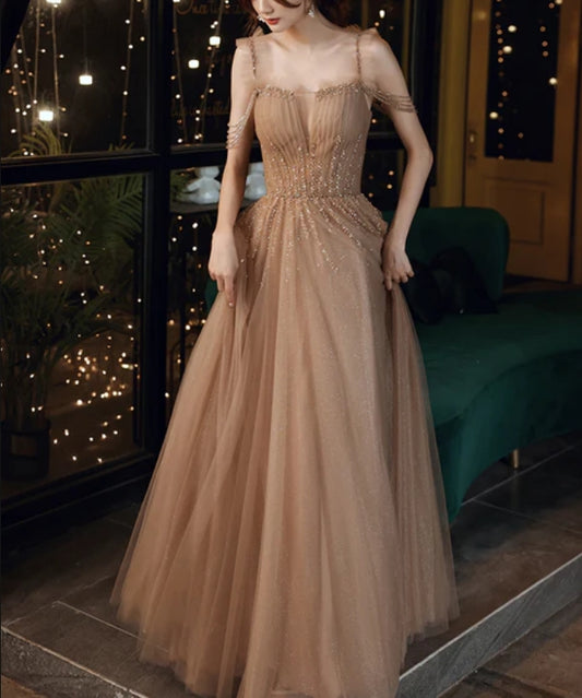 Champagne Beaded Tulle Straps Long Party Dresses A-line Tulle Formal Dresses Prom Dresses