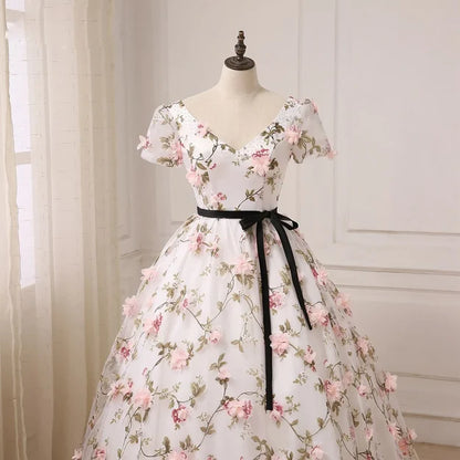 Beautiful Flowers Ball Gown Long Party Dress Short Sleeves Prom Dress A Line Formal Dress Wholesale