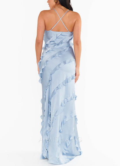 Aimishang Romance Ruffle Dress Blue Long Prom Dress Charming Evening Party Dress Formal Dress