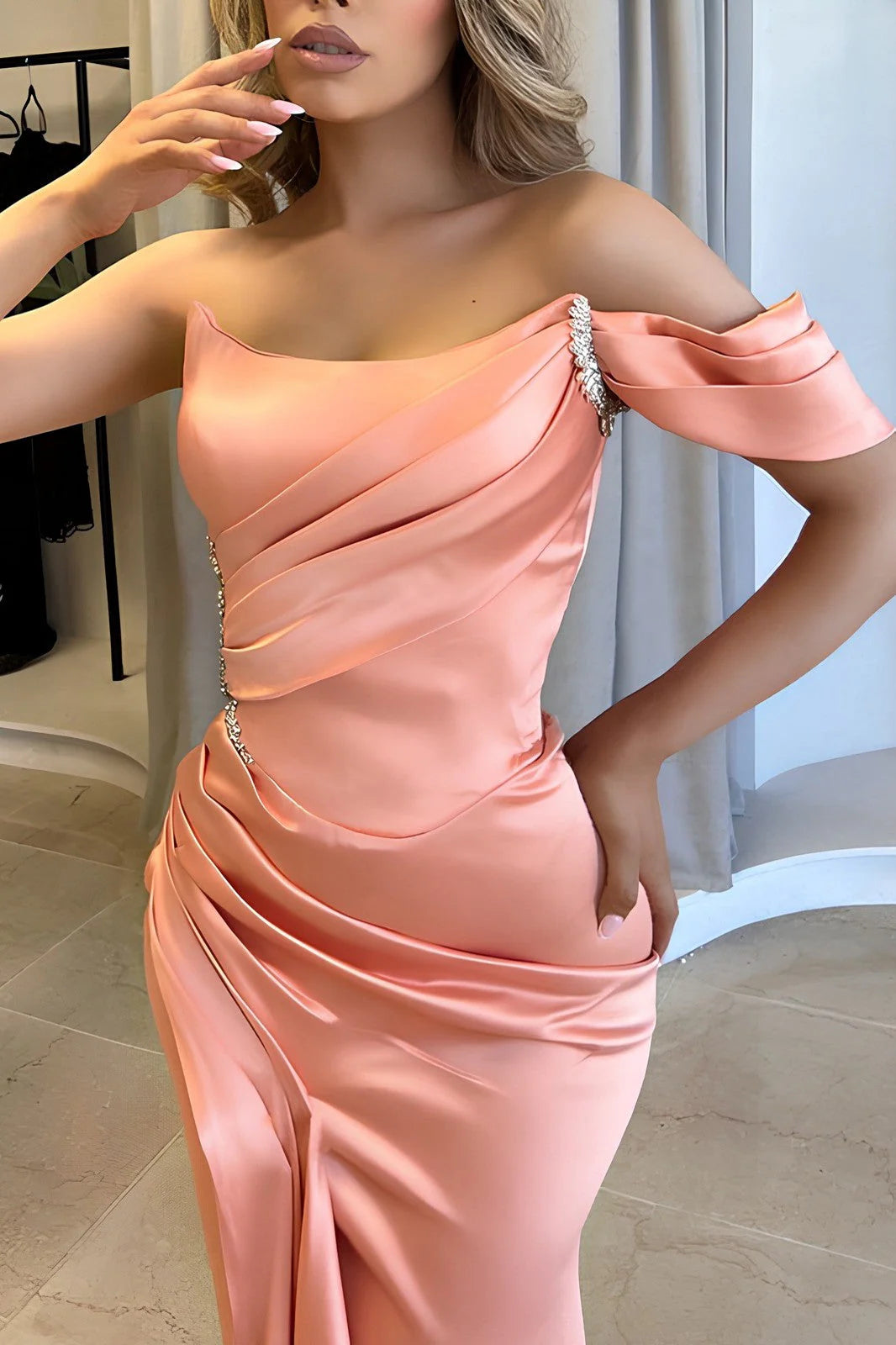 Pink Satin Evening Dress One Shoulder Mermaid Formal Party Dress With Slit Elegant Wholesale