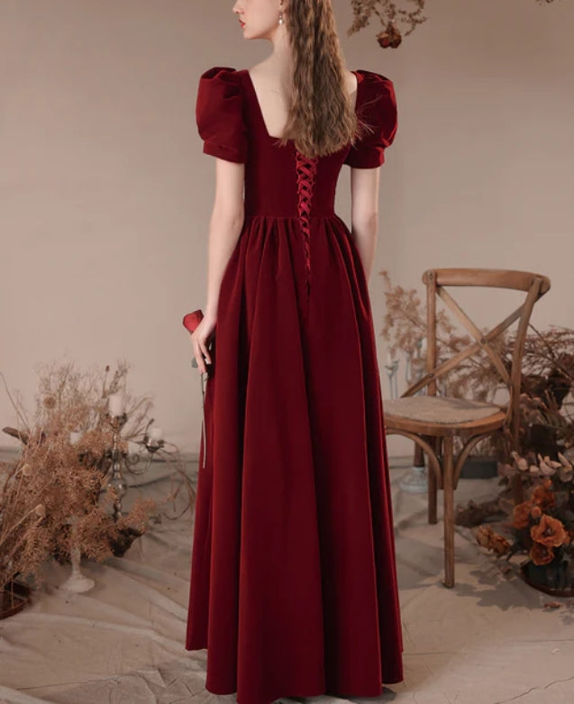 Wine Red Short Sleeves A-line Velvet Party Dress Bridesmaid Dress Elegant Evening Dress Wholesale