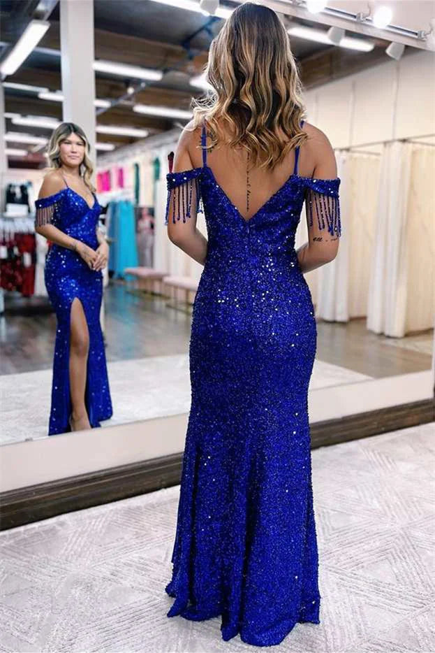 Royal Blue Spaghetti Strap Evening Dress With Tassel And Slit Sparkly Party Dress Prom Dress