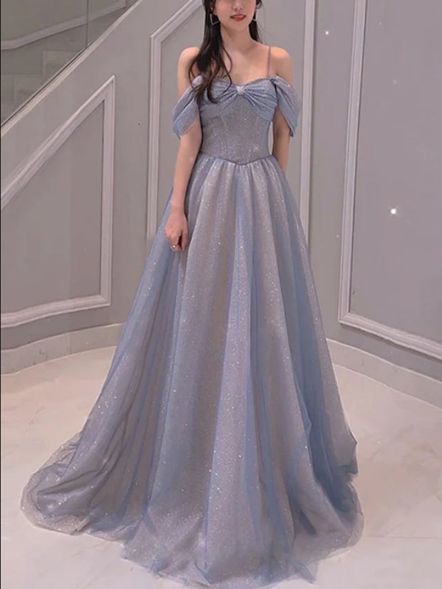 Light Blue Sweetheart Off Shoulder A-line Long Prom Dress Beaded Evening Dress Sparkly