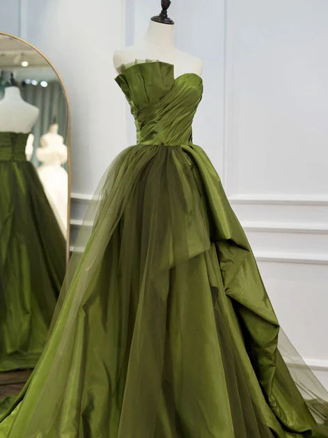 Green Ruffle Tiered Prom Dresses Strapless Long Party Dress Off Shoulder Elegant Evening Dress