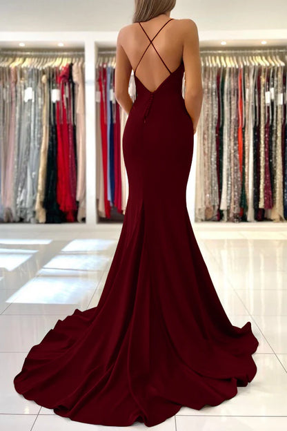 Red Mermaid Evening Dress Spaghetti Strap Long V-neck Sexy Party Dress Formal Dress