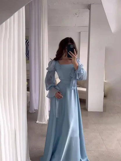 Aimishang Blue Puff Sleeves Long Prom Dress Formal Dress Elegant Evening Party Dress