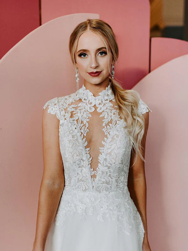 Elegant Applique A-line Lace Chapel Train Wedding Dresses With Sequins Beautiful
