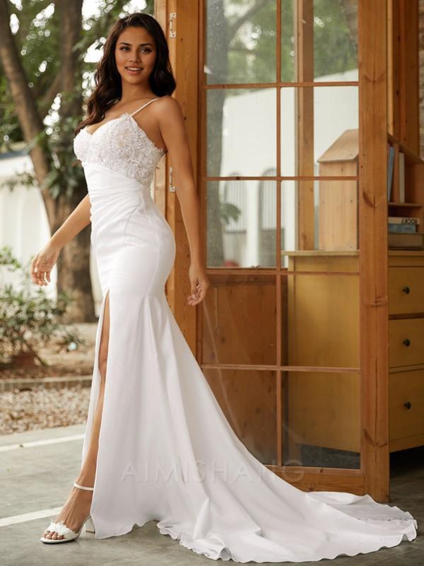 Aimishang Elegant Sheath/Column V-neck Sleeveless Sweep/Brush Train Wedding Dresses Charming Long Evening Dress With Slit