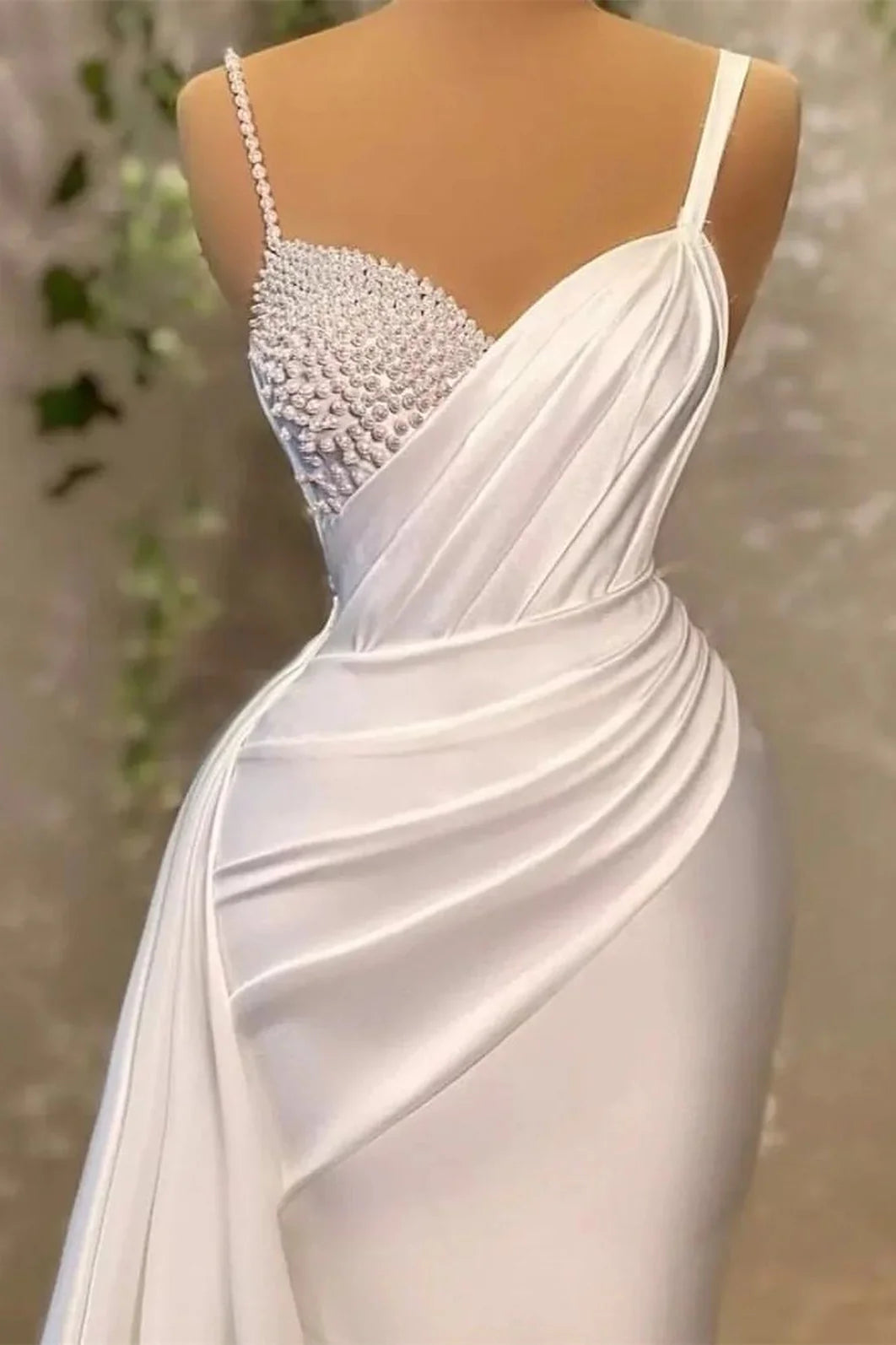 Spaghetti Strap Long Mermaid Evening Dress With Pearls Charming Wedding Dress
