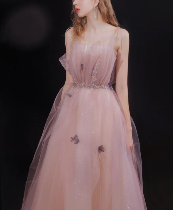 Pink Tulle with Beadings Spaghetti Strap Long Formal Dress Junior Prom Dress Charming Wholesale